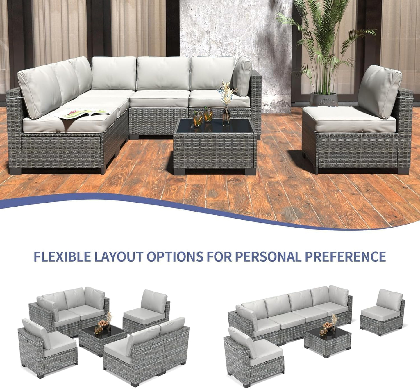Patio Furniture Set, 7 Pieces Outdoor Sectional Sofa Set with Dining Table & Thickened Cushions, All-Weather PE Wicker Patio Furniture for Garden Lawn Deck, Grey & Blue