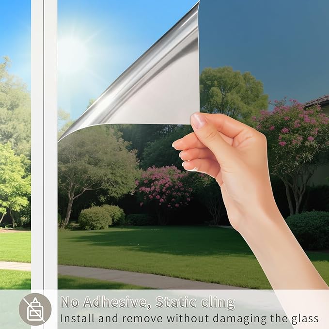 Filmgoo Window Privacy Film One Way Daytime Mirror Tint Treatments UV Heat Control Vinyl Stickers Sun Block Glass Paper Door Covering Reflective 35.4 Inch x 13.1 Feet Black Silver