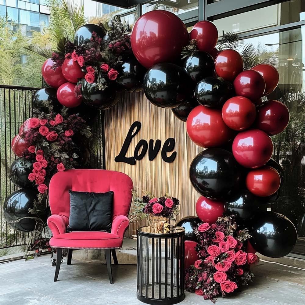 Black Red Balloon Arch Double Stuffed Black Burgundy Maroon Balloons Dark Ruby Red Metallic Balloon Garland Kit for Birthday Wedding Halloween Casino Anniversary Graduation Party Decoration