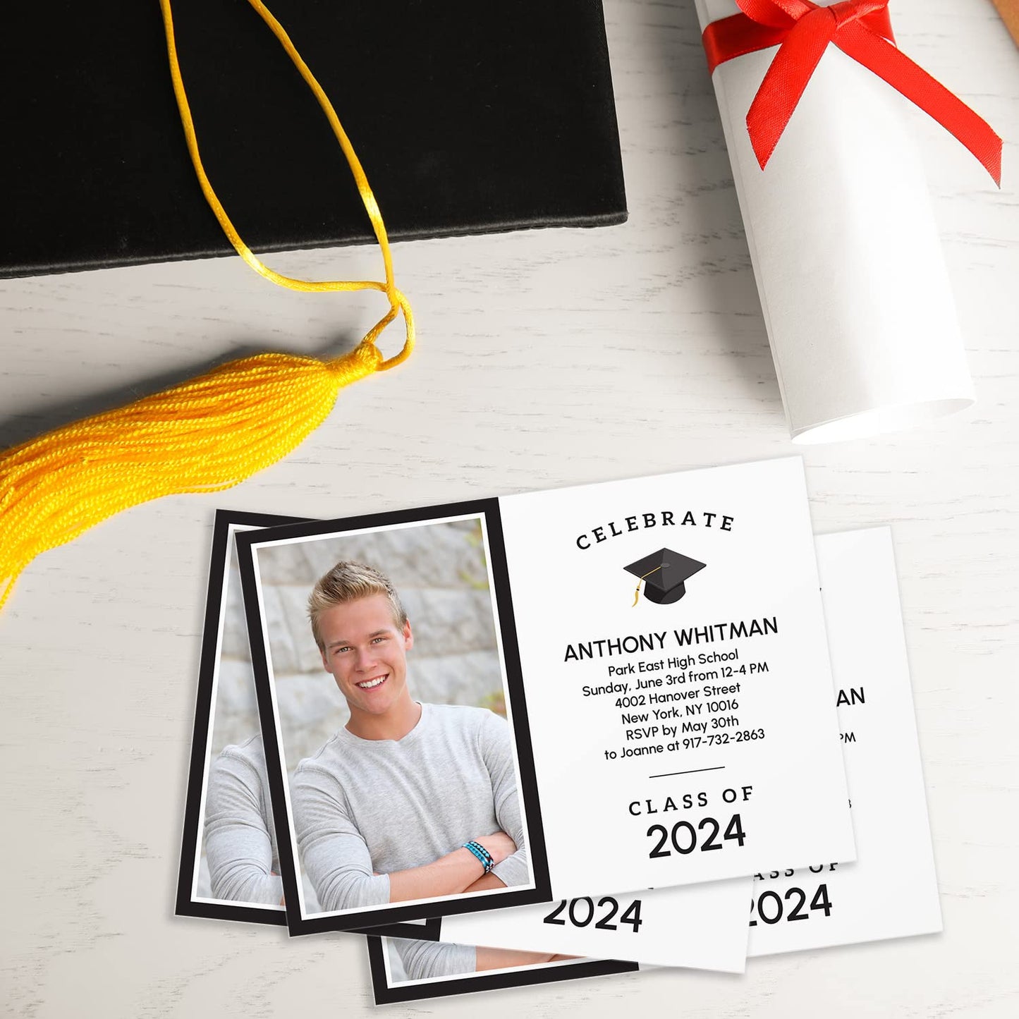 Personalized Graduation Celebrate Photo Invitations / 25 Black And White Custom Graduate Photo Party Invites With White Envelopes / 5" x 7" Flat Modern Grad Cap Invitation/Made In The USA