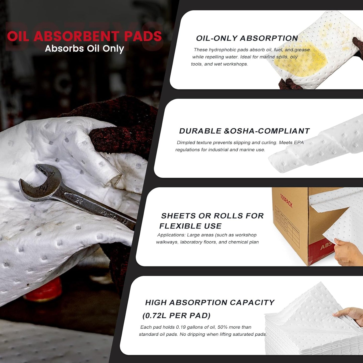 Oil Absorbent Pads Roll | 16"x20" Oil-Only Spill Mat 100-Pack | Industrial Spill Control for Oil & Fuel(16 Gal/Box) | Repels Water Absorbing Rolls