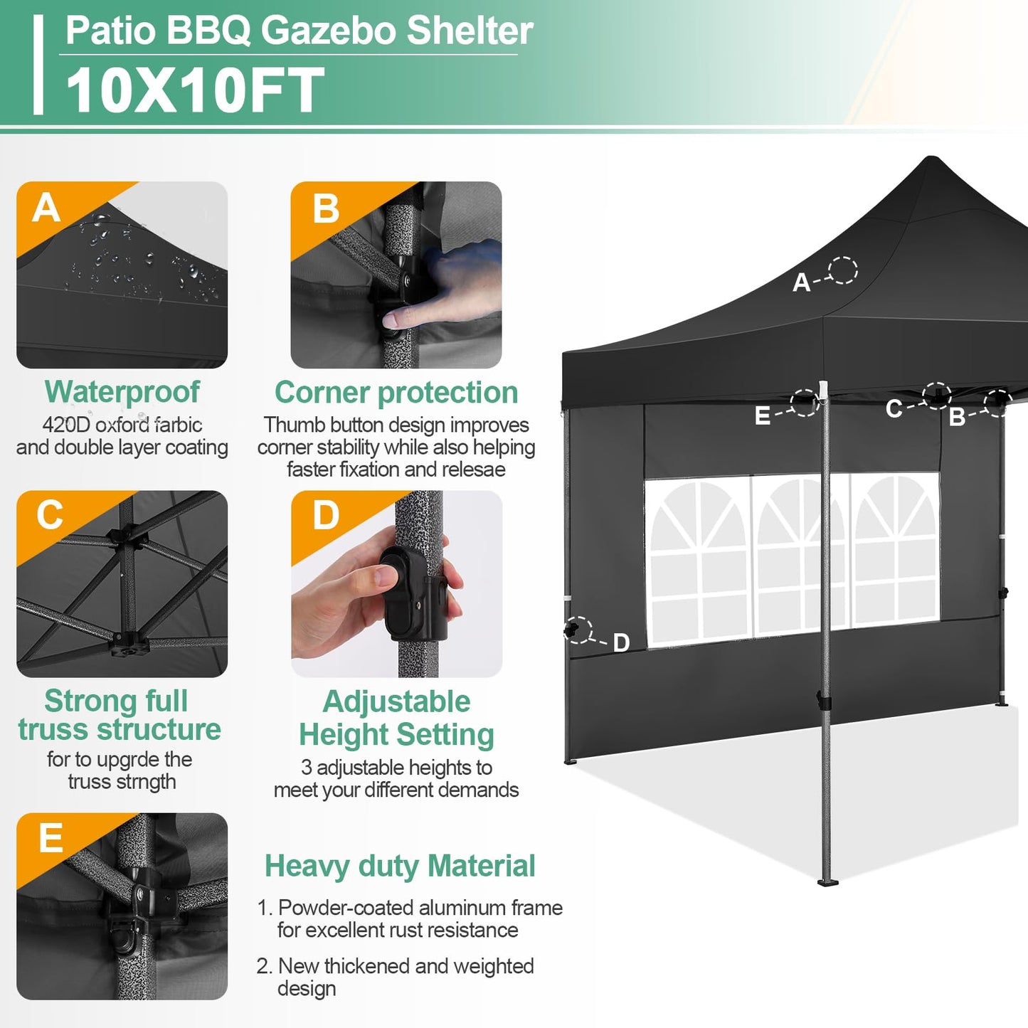 COBIZI 10x10 Pop Up Canopy Tent with 4 sidewalls Commercial Heavy Duty Canopy UPF 50+ All Weather Waterproof Outdoor Canopy Wedding Tents for Parties Gazebo with Roller Bag, Black (Windproof Upgraded)