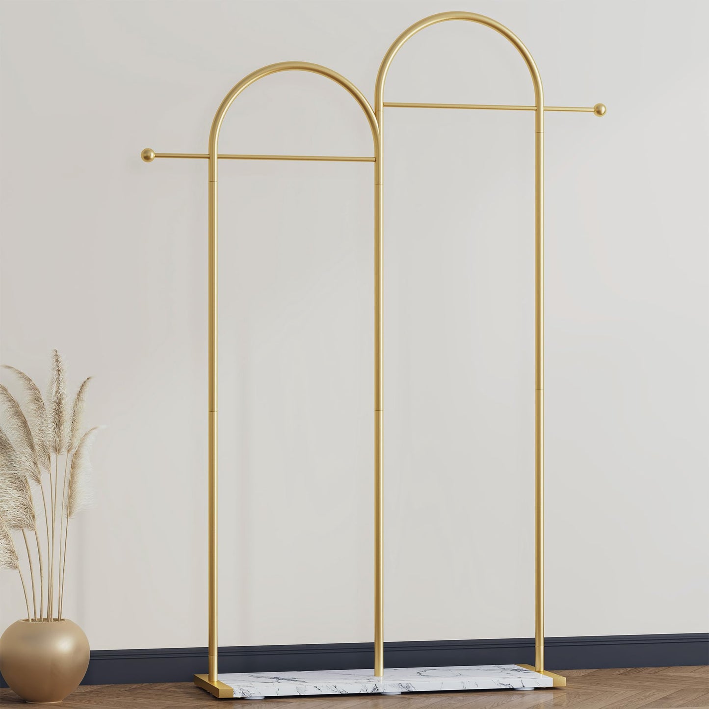 Raybee 76.7" H Gold Clothing Rack, Modern Coat Rack with Shelf, Metal Clothes Rack for Boutiques, Entryway, Living Room, Bedroom