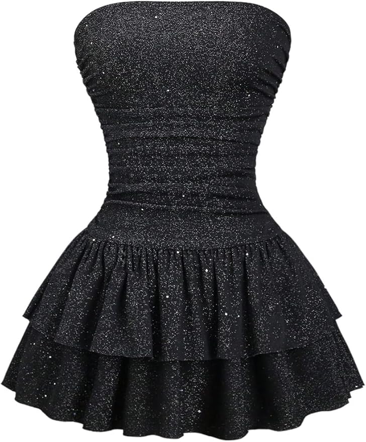 Floerns Women's Rhinestone Strapless Tube Dress Ruched Layered Ruffle Party Mini Dresses