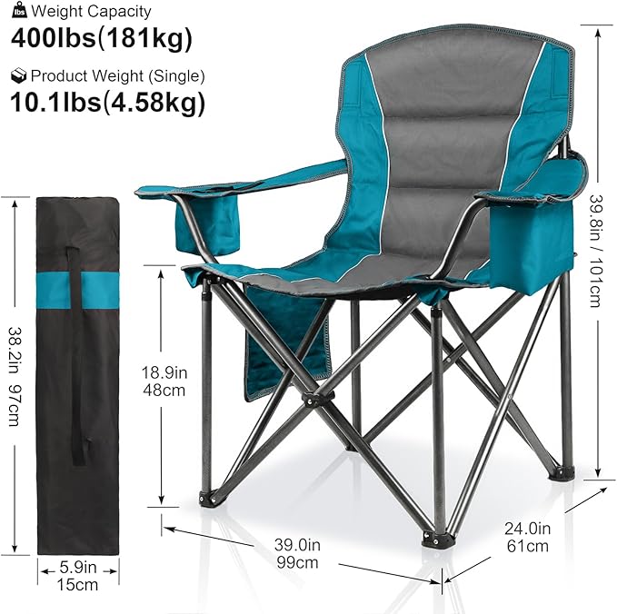LANMOUNTAIN Oversized Padded Camping Chairs for Adults,Heavy Duty Support 400 Lbs,Folding Portable Lawn Chair w/Cup Holder,Cooler Bag,Side Pocket,Perfect for Outdoor Picnic,Hiking(Blue)