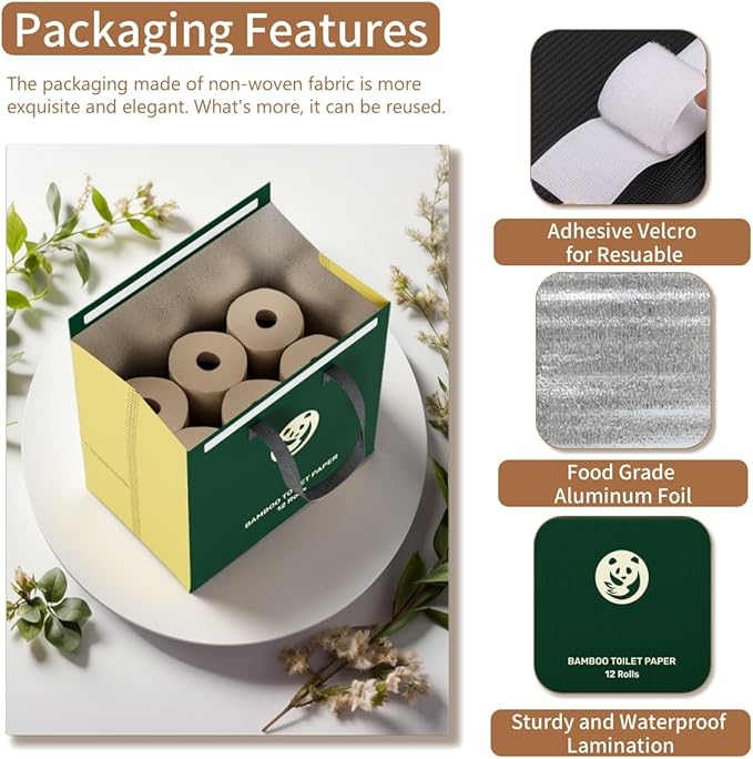 Bamboo Toilet Paper 12 Rolls, Resuable Packaging,New Plastic-Free,3 ply, Septic Safe,Unbleached Brown,Chemical Free,Tree-Free,Soft and Absorbent,Bathroom Tissue Rolls
