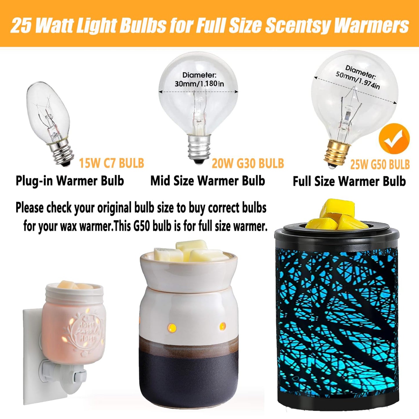 WokHok 25 Watt Wax Warmer Bulbs, Light Bulbs for Full Size Scentsy Warmers,G50/G16.5 Globe E12 Clear Bulbs for Candle Wax Warmer, Long Lifespan, 120 Volt (6 Pack)