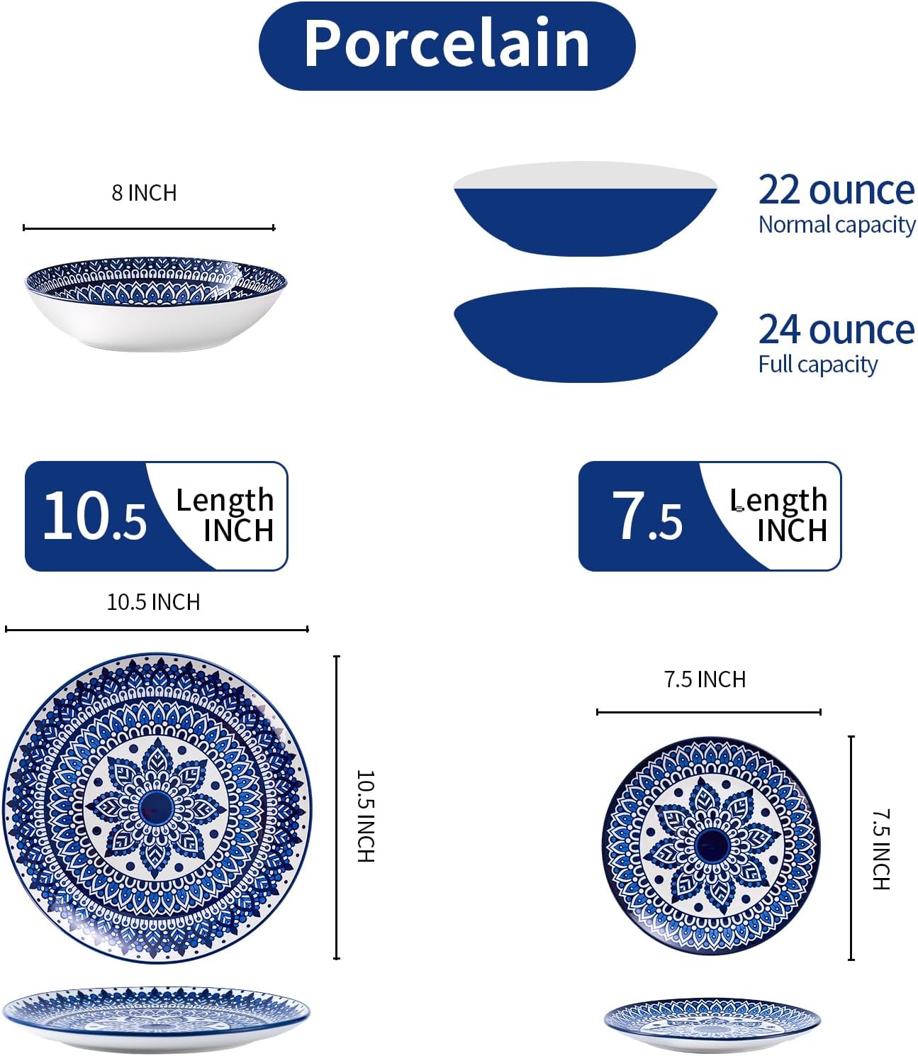 Bestone Porcelain Dinnerware Sets Service for 4, 12 pcs Hand drawn Plates and Bowls Sets, Handmade Ceramic Dish Set, Chip Resistant Modern Plate Set, Dishwasher/Microwave Safe，Vintage Blue