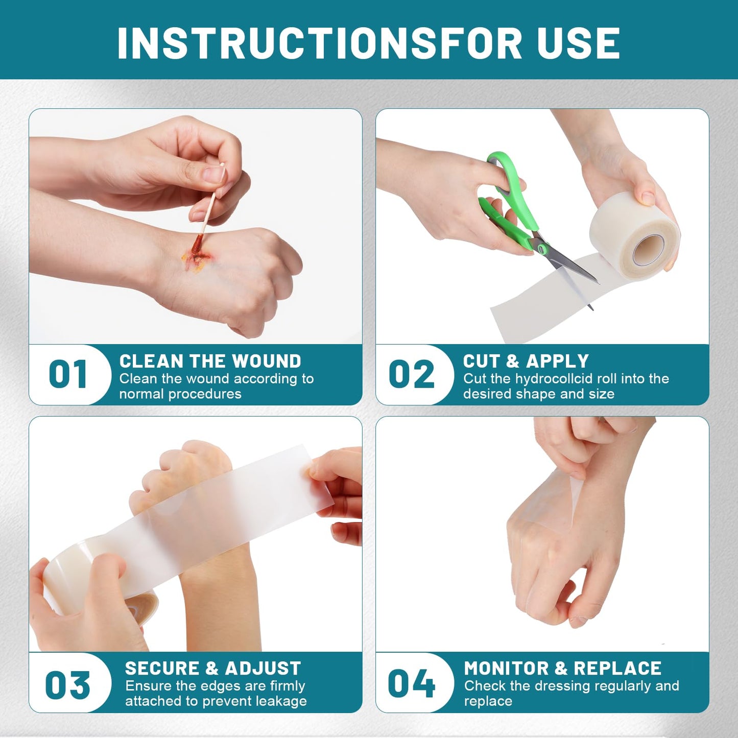 WUYUAN Hydrocolloid Roll for Wound Care, Hydrocolloid Bandages with Self-Adhesive, Extra Large Hydrocolloid Patch Bandages Cut-to-Size, Ultra Absorbent, Waterproof First Aid Kit Essential, 2in*6.6ft