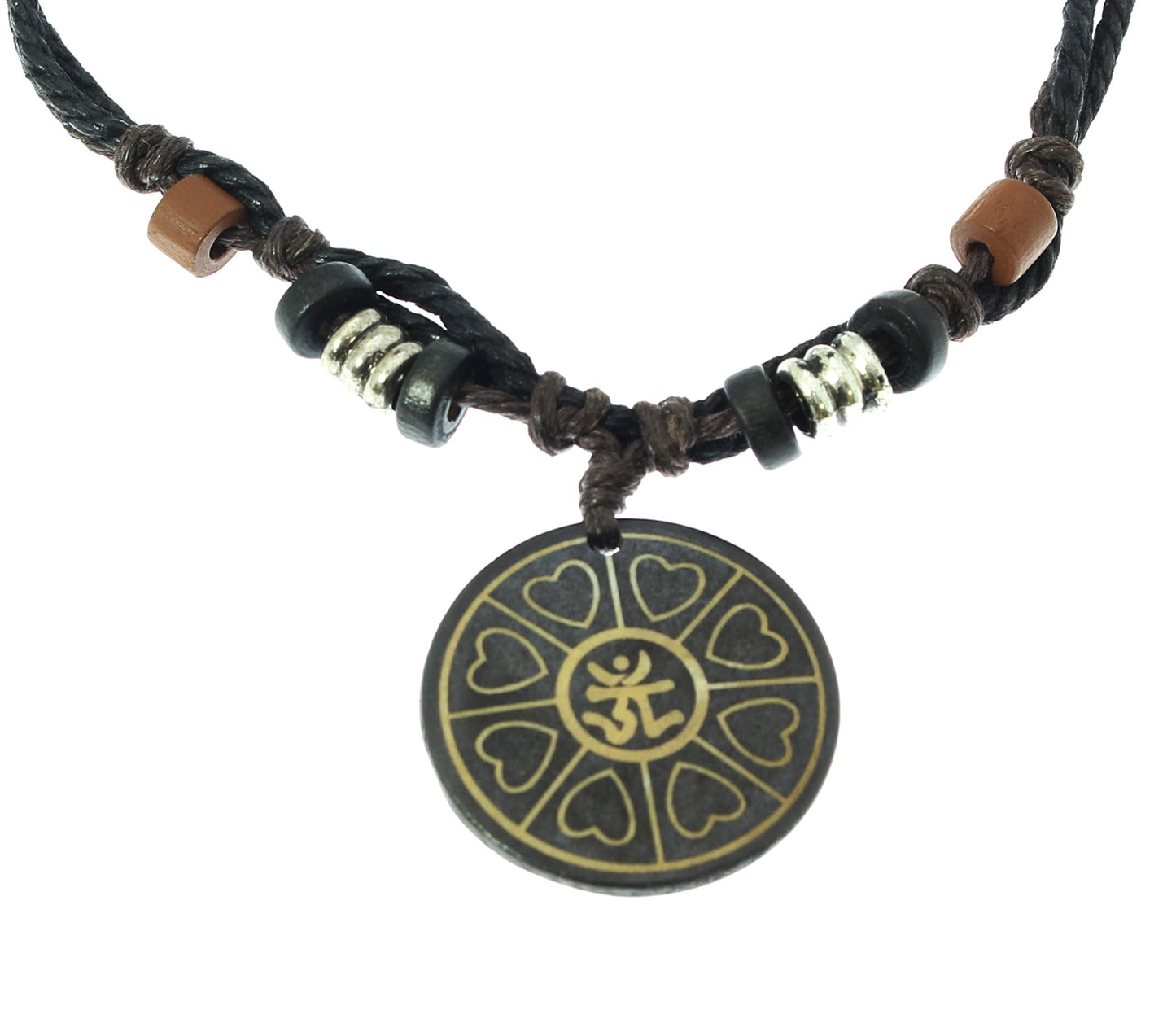 Surfer Cord Necklace With Ying Yang Carved Bone Pendant - Fully Adjustable - Black & Brown Cord