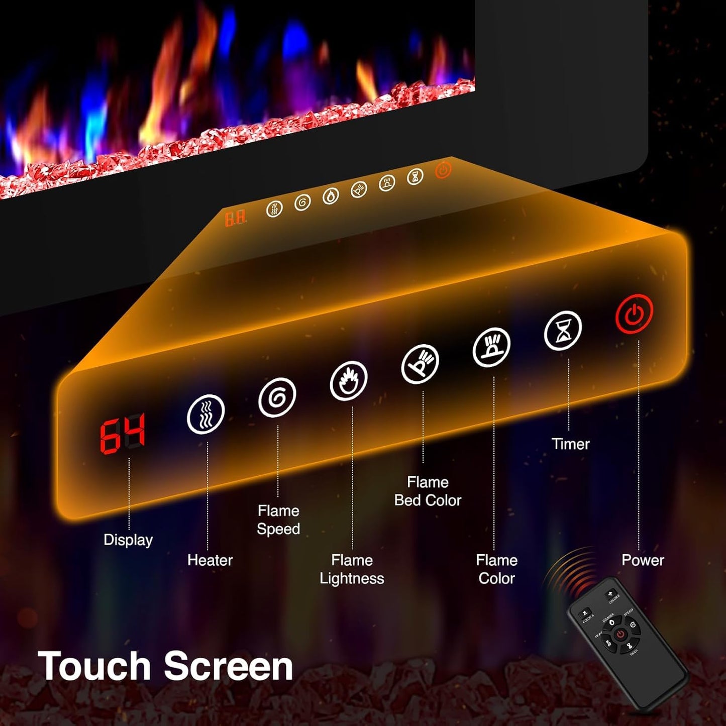 ZAFRO 42" Electric Fireplace with Remote Ultra-Thin & Quiet Wall-Mounted Recessed Heater, Adjustable 12-Color Flame, Brightness & Speed