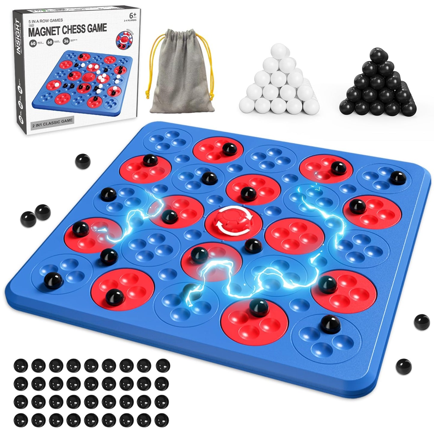 Magnetic Game Chess, Magnet Game, Magnetic Board for Kids Adults Family Games Night, 2 in 1 Multiplayer Magnetic Games with 36 Stones & Connect-5-Piece Toys, Magnet Chess Set Gift (Blue)