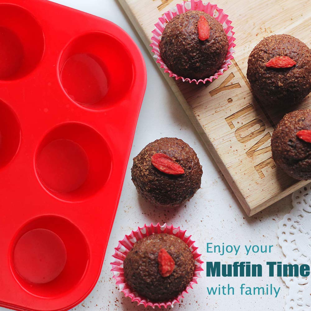 Aokinle Silicone Muffin Pan, European LFGB Silicone Cupcake Baking Pan, 6 Cup Muffin, Non-Stick Muffin Tray, Egg Muffin Pan, Food Grade Muffin Molds, BPA Free Muffin Tins Red