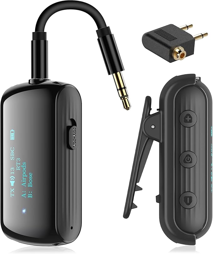Bluetooth Transmitter Receiver for 2 AirPods/Headphones, Flight Bluetooth 5.2 Adapter for Airplane, TV, and Gym with a 3.5mm Audio Jack, Wireless BT Receiver with Mic for Car/Home Stereo