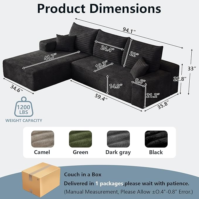 95" Cloud Sectional Couch with L-Shape Chaise, Modern Corduroy Boneless Couch for Living Room,Memory Foam Sofa with Deep Seat,No Assembly Required (Black,Left-Facing Chaise)