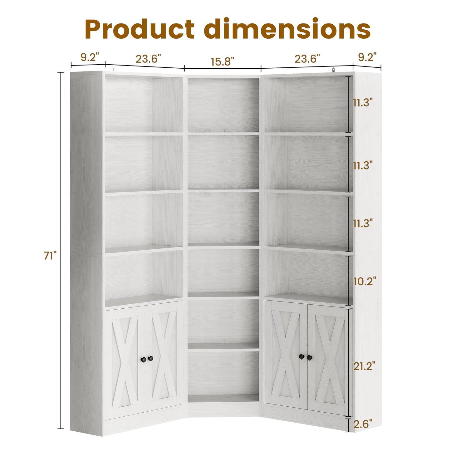 ANCTOR Large Corner Bookcase with 2 Storage Cabinets and 18 Shelves, 7 Tiers L Shaped Wood Bookshelf, 71" Tall Corner Hutch for Living Room, Bedroom, White