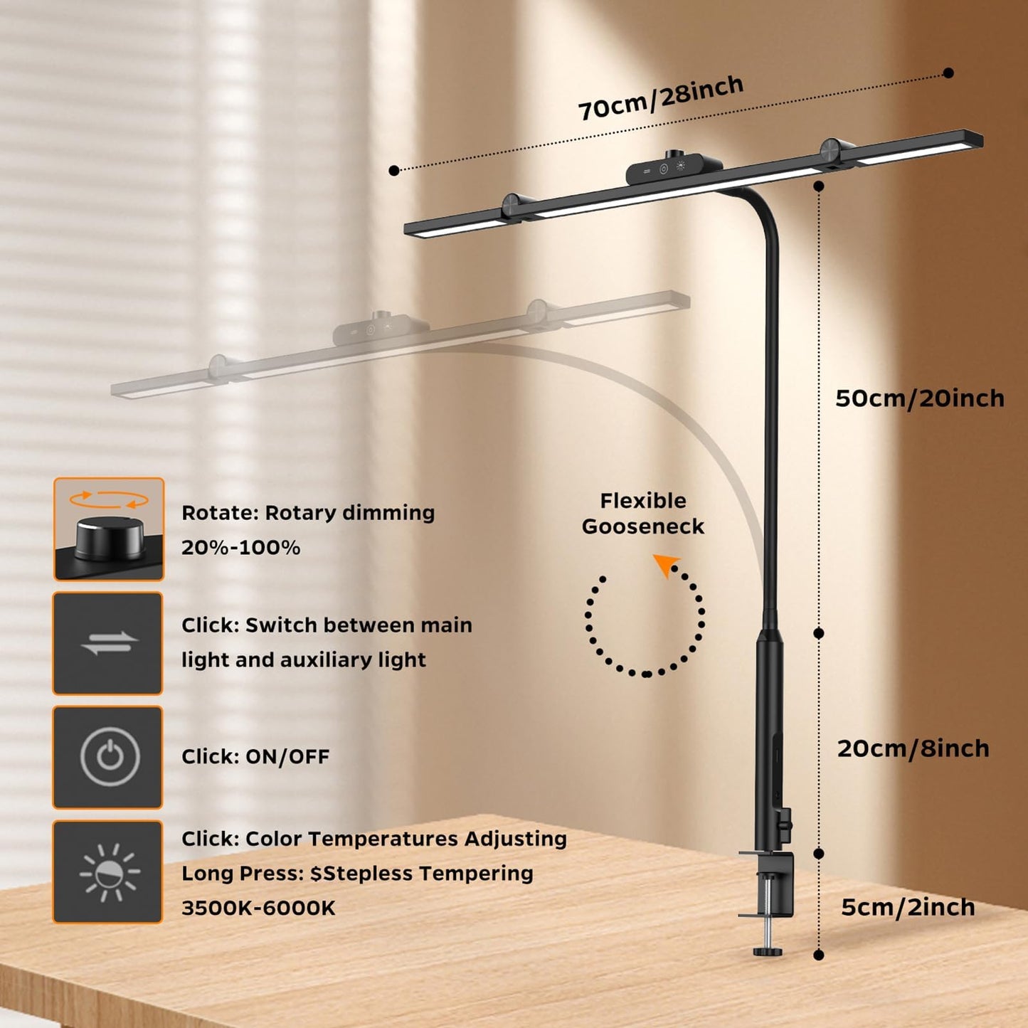 SUMOT LED Desk Lamp with Clamp, 24W Architect Light, Auto-Dimming, Stepless Brightness Control, Atmosphere Lighting for Home Office