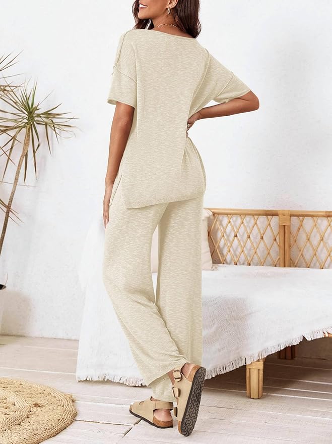 Tankaneo Women's 2 Piece Travel Outfits Casual Short Sleeve Knit Sweater Set Wide Leg Pants Lounge Sets Tracksuit