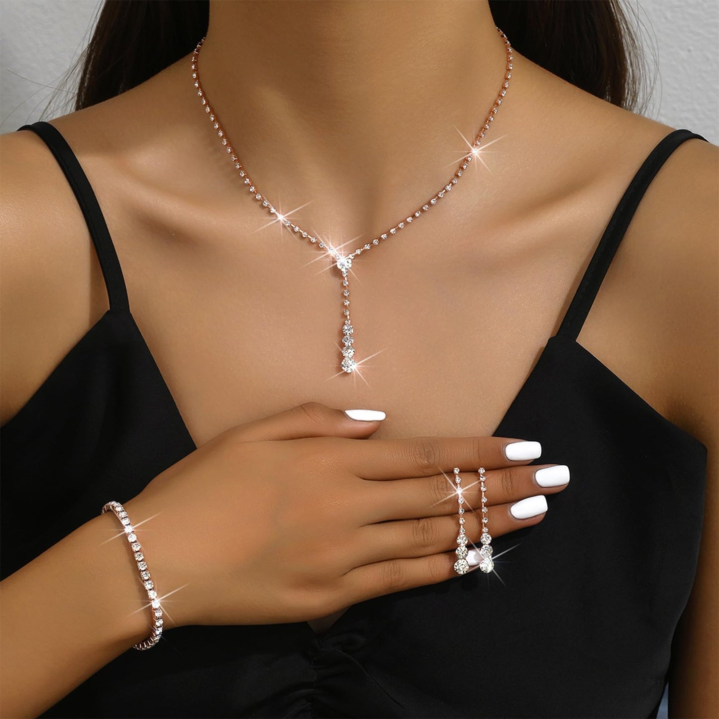 HUASAI Rose Gold Wedding Jewelry Sets for Brides Rhinestone Necklace Earrings Bracelet Set Bridal Costume Jewelry for Women Form