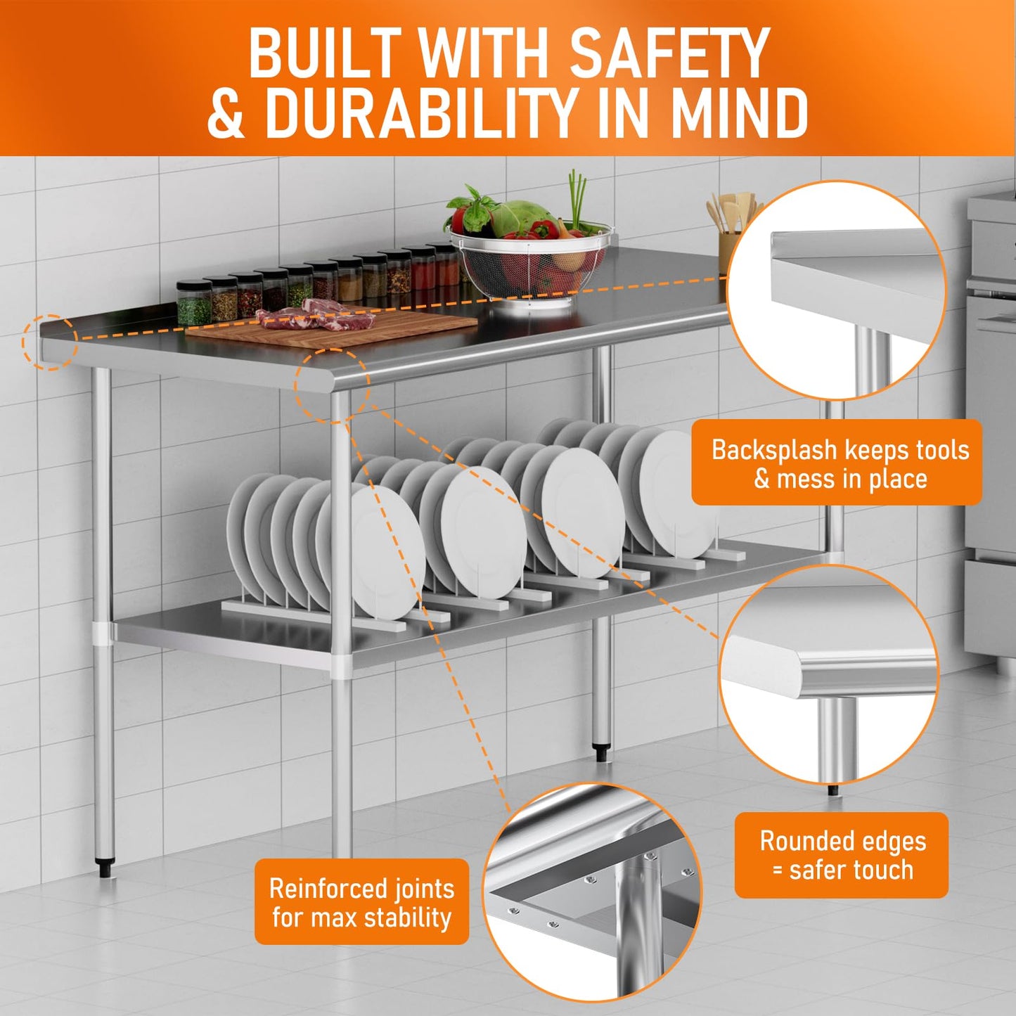 HOCCOT Stainless Steel Table 30" x 60" with Adjustable Undershelf and Backsplash, Commercial Metal Workstations for Kitchen, Garage, Outdoor BBQ