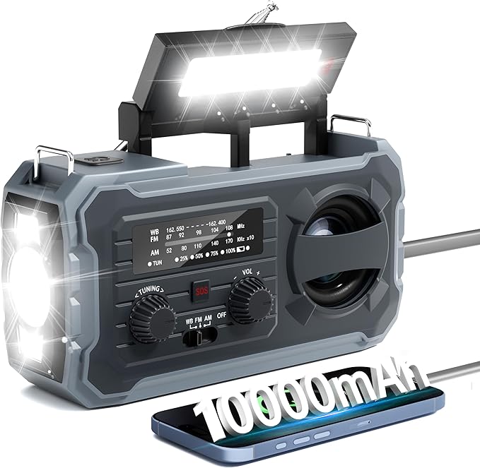 Hand Crank Emergency Radio, 10000mAh Weather Radio with AM/FM/NOAA, Solar Prower, SOS Alarm, Phone Charging, LED Flashligh...