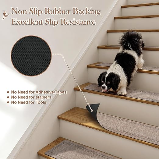 OJIA Vintage Stair Treads for Wooden Steps Indoor 15PCS 30"x8" Non-Slip Stair Runner Carpet Stair Treads Mats Staircase Step Treads for Kids, Elders and Dogs, Rubber Step Covers