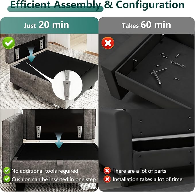 OhaiAura Modular Sectional U Shaped Sofa Couches for Living Room, Cloud Couch with Storage Ottoman, Comfy Chenille Sofa with Pillow, Black