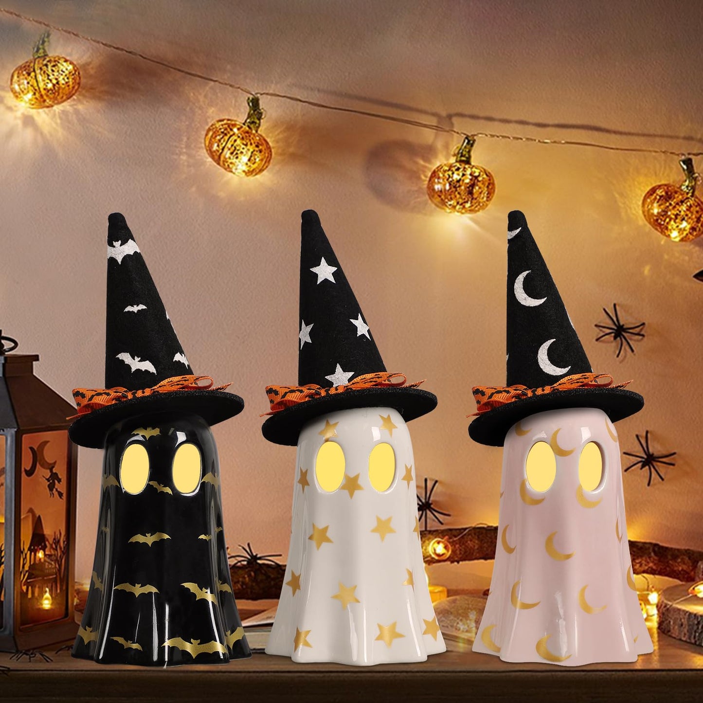 DAZONGE Halloween Decorations Indoor, Set of 3 Ceramic Ghosts with Witch Hats, Cute Spooky Halloween Ghost Figurines for Mantel, Shelf & Tabletop Decor