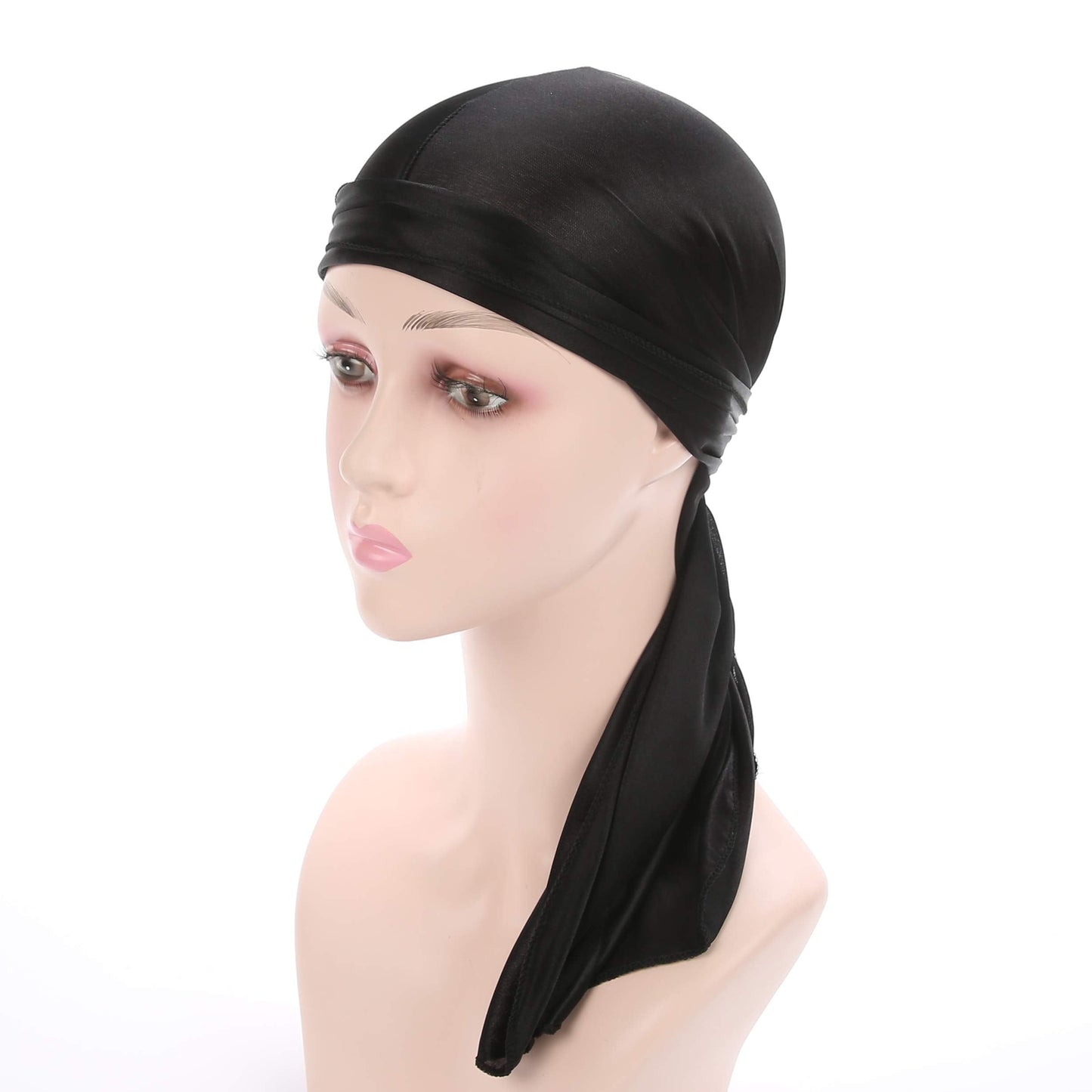 Fxhixiy Men Women Durag Extra Long-Tail Headwraps Silky Satin Pirate Cap Bandana Hat for 360 Waves Black