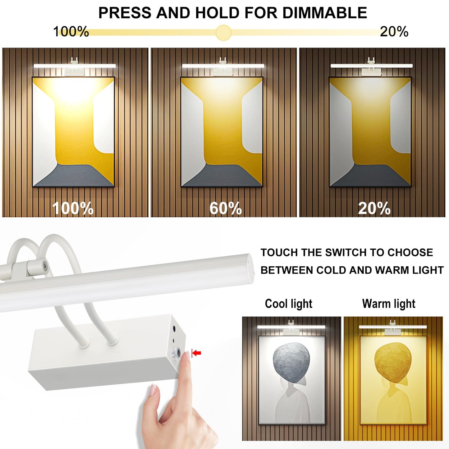 RAIFOOLLY Picture Light,Picture Lights for Wall Cordless,16" Picture Lights with Timer and Dimmable,Battery Wall Lights for Display Gallery Painting Art Frame Portrait-WH