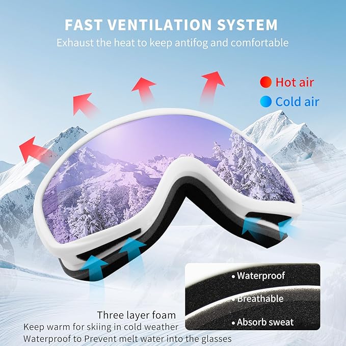Ski Goggles OTG for Men Women, Anti-Fog Snowboard Goggles UV400 Protection Snow Goggles for Adult Youth