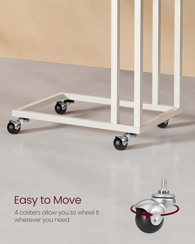 VASAGLE End Table, C Shaped TV Tray with Metal Frame Rolling Casters for Coffee Laptop Mobile Tablet, Industrial Side Table for Living Room Bedroom, 19.7 x 13.8 x 23.6 Inches, Cream White ULNT050W77