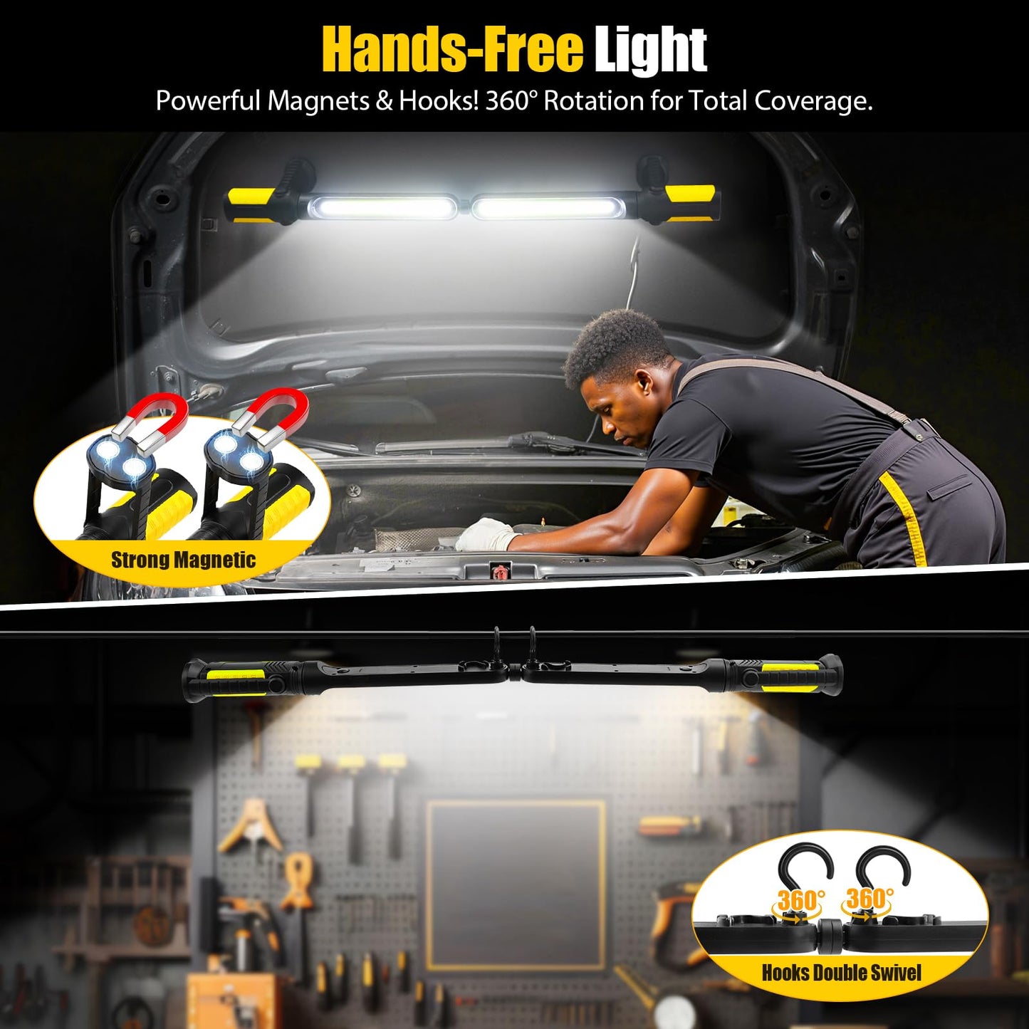 SYLSTAR Work Light for Mechanic, 2400LM LED, 4400mAh Rechargeable, Magnetic, Underhood Work Light with Hooks for Car Repairing, Job site, Garage, Workshop, Emergency(Yellow)