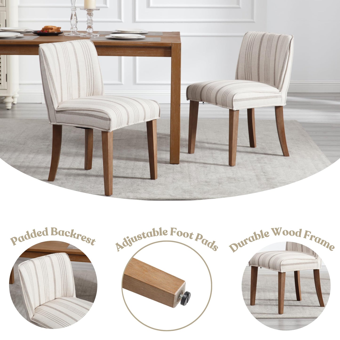 DM Furniture Rustic Dining Chairs Set of 2 Upholstered Kitchen Chairs Solid Wood Armless Dining Room Chairs for Home Kitchen/Restaurant, Khaki Stripe