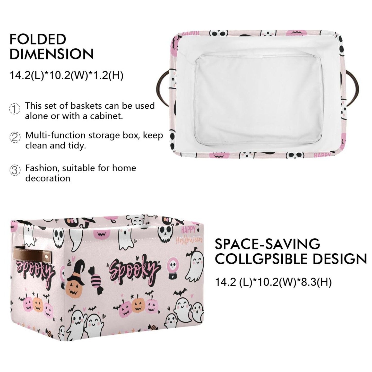 Sletend Foldable Canvas Storage Basket with Handles Halloween Cartoon Ghost Durable Storage Bin Organizer for Nursery Kids Shelves Desks Printed Canvas Storage Basket