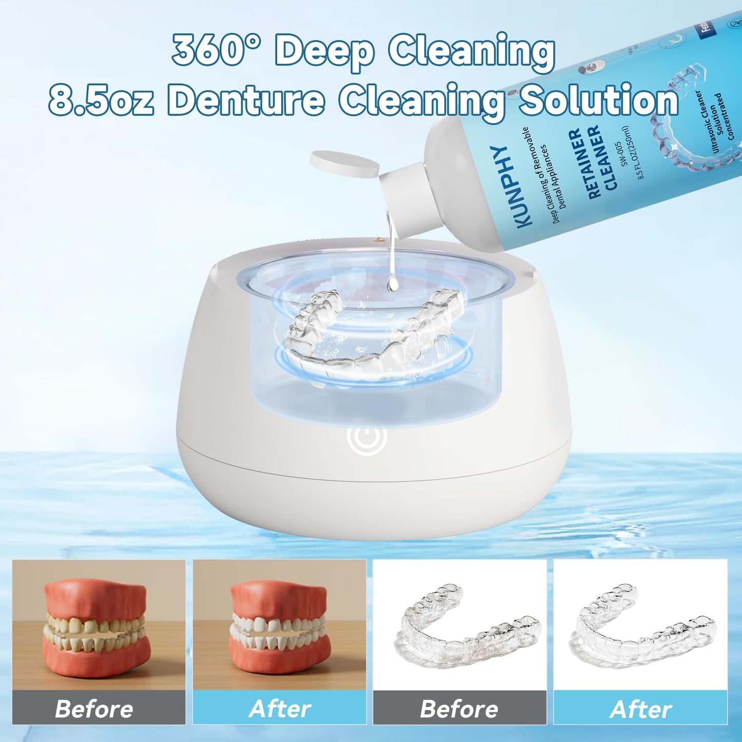 2 Pack Ultrasonic Retainer Cleaner Solution for Sonic Denture Cleaner-Professional Cleaning of Retainers, Invisible Aligners, Mouth Guards, Night Guards, Remove Odors, Discoloration & Stains 8.5oz