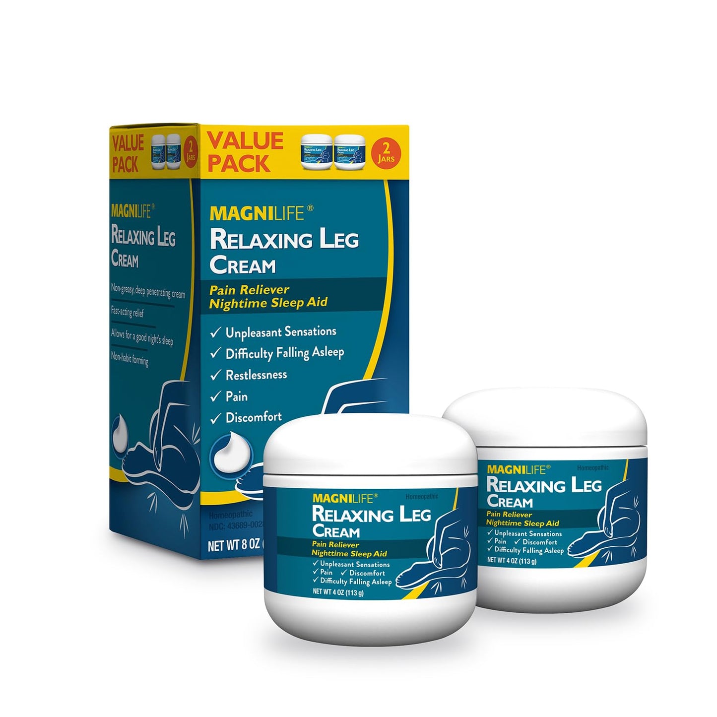 MagniLife Relaxing Leg Cream, Restless Legs, Naturally Soothe Cramping, Discomfort, and Tossing with Lavender and Magnesium (2 Pack-4oz Jars)