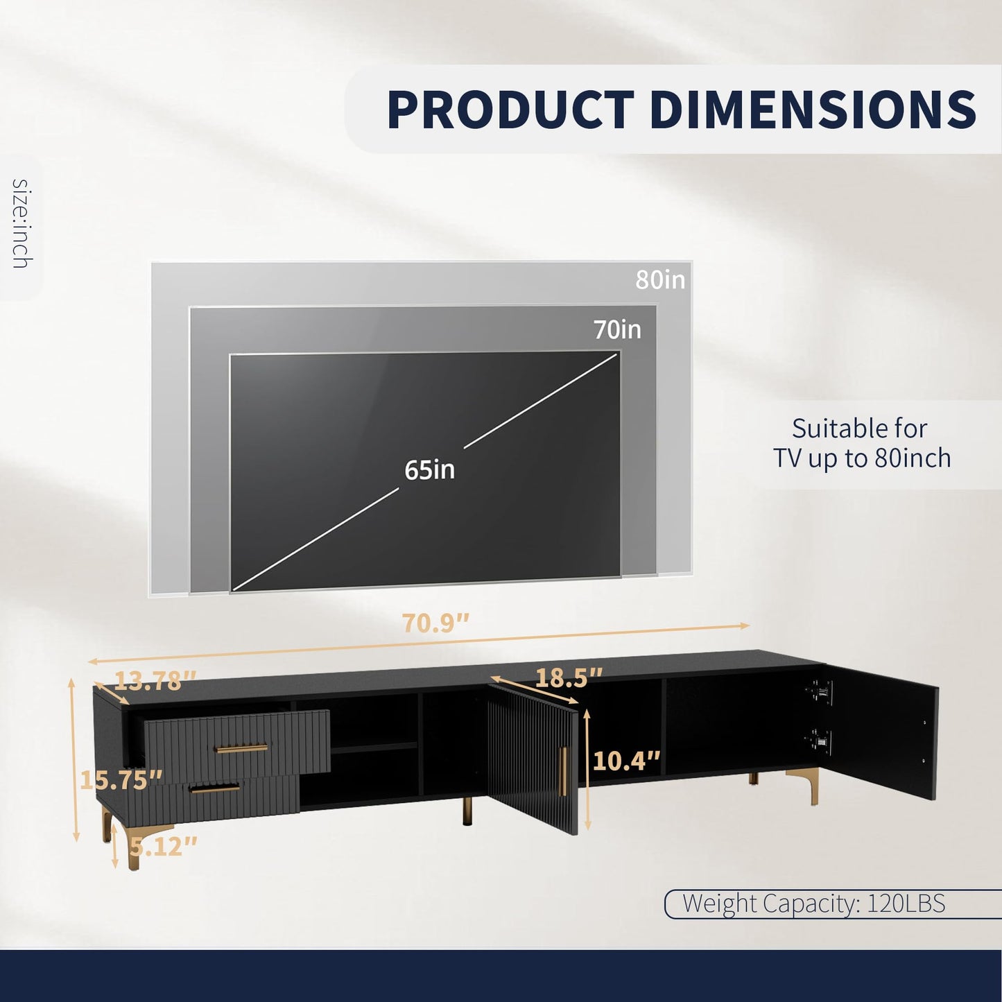 NKISHECK 70" Fluted TV Stand for TVs Up to 80", Modern Entertainment Center with Storage, Media Console for Living Room Bedroom, TV Console（Black）