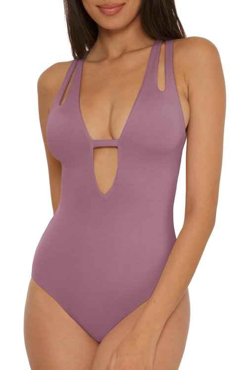 BECCA Color Prism - Women's One Piece Swimsuit, Cut-Out, Adjustable, Bathing Suits for Women, Fig, Medium