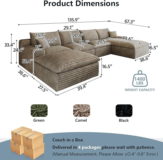 136" Cloud Sectional Couch U-Shaped Chaise with Ottoman, Corduroy Boneless Couch for Living Room Bedroom, Deep-Seat Upholstered Modular Cloud Sofa, No Assembly Required (Camel, Right Facing Chaise)
