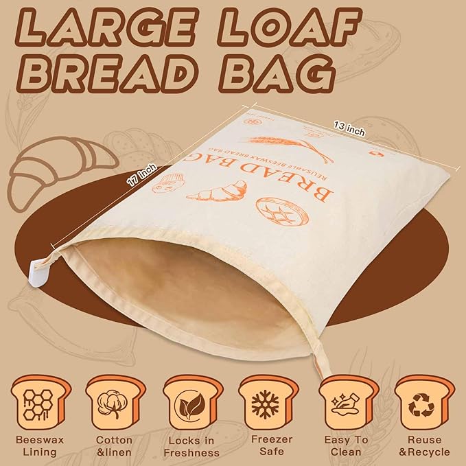 2-Pack Reusable Beeswax Bread Bags for Homemade Bread & Sourdough,100% Linen Waxed Bags Keeps Fresh Longer,XL Eco-Friendly Fresh Food Storage,Freezer Safe