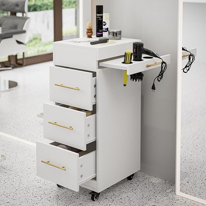 Paddie Salon Trolley Cart with Lockable Wheels, Rolling Hair Cart with 3 Dryer Holders for Hair Stylist, Makeup Organizer Stations Cabinet for Beauty Spa Barbershop Tattoo (White)