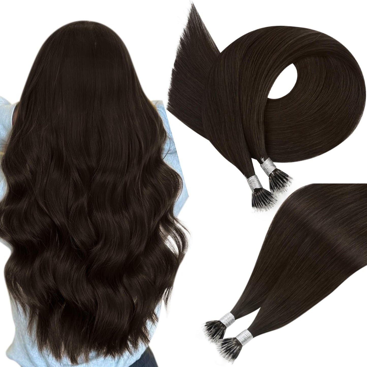 Easyouth Nano Hair Extensions Human Hair Brown Nano Ring Hair Extensions Dark Brown 18 Inch 50g 50s Invisible Nano Hair Extensio