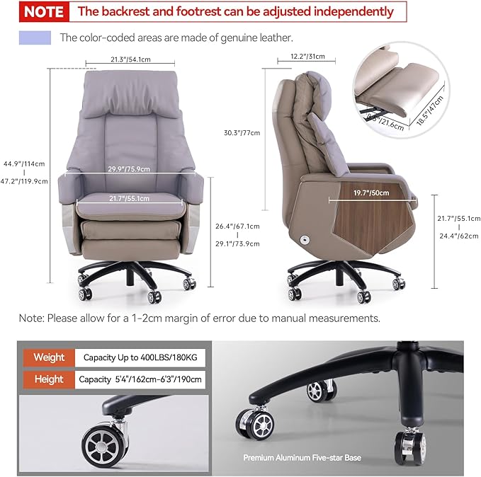 EMIAH Ergonomic Office Chair with Footrest Electric Reclining Executive Office Chair Big and Tall with Massage and Ventilation High Back Comfortable Swivel Desk Chair, Genuine Leather (Light Khaki)