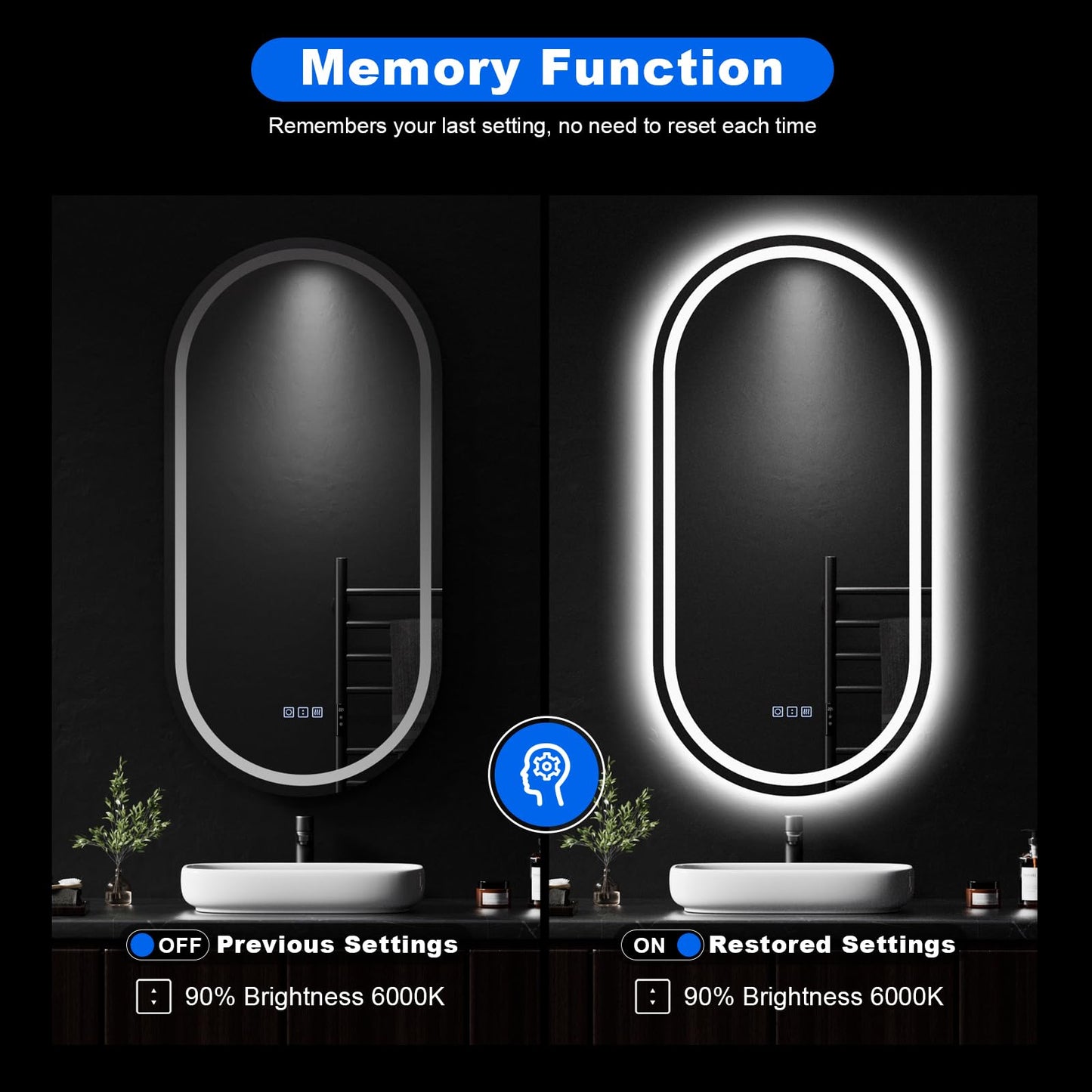 QAOYEDE 40x20 Inch LED Bathroom Vanity Mirror with Lights, Oval Smart Wall Mirrors, Front Lighted+Backlit, Touch Control, 3 Color Switch, Tempered Glass, Vertically Only, UL Recognized