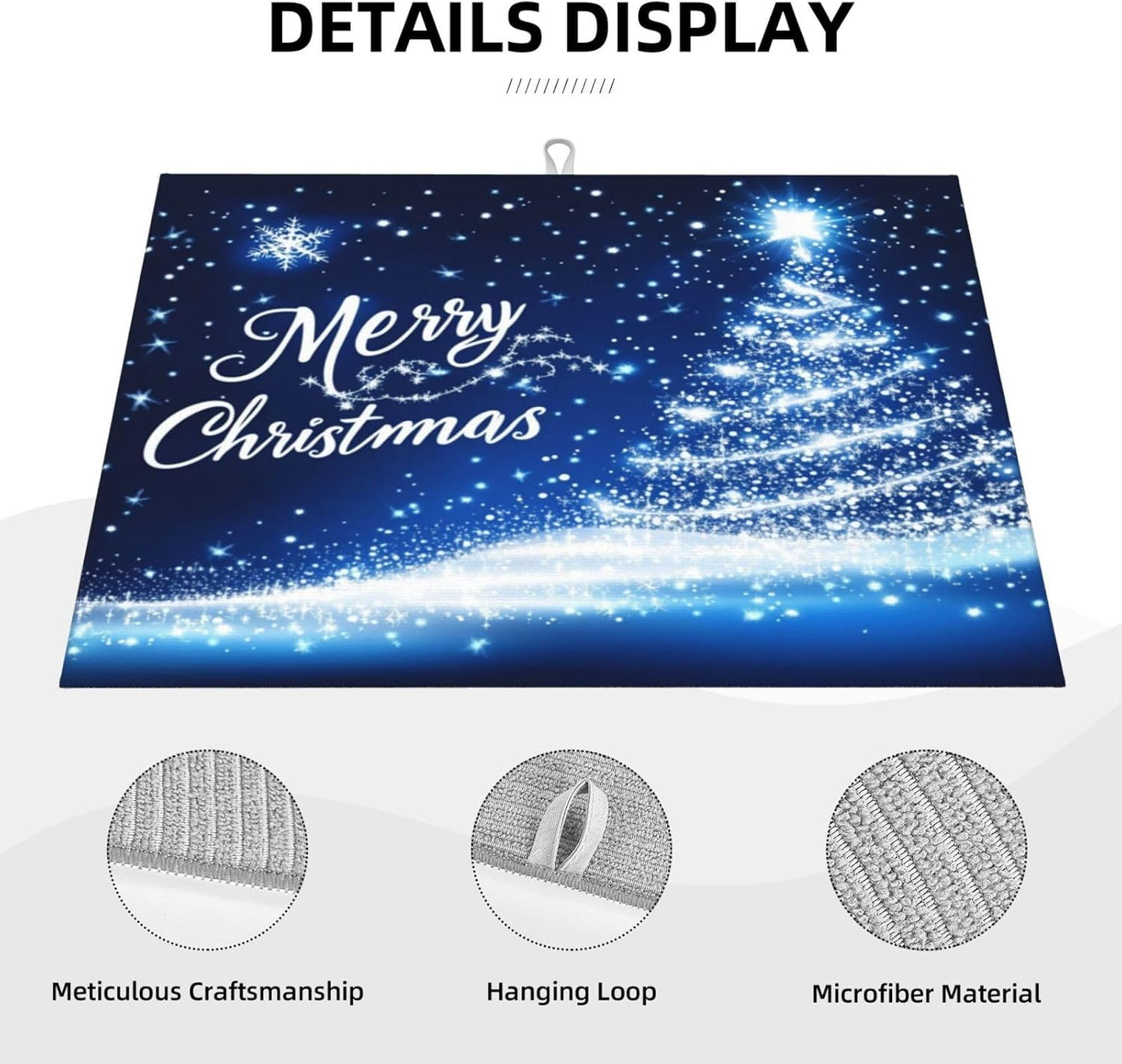 Dish Drying Mat for Kitchen Merry Christmas Blue Tree Counter Absorbent Dishes Drainer Microfiber Large 18x24 Inch