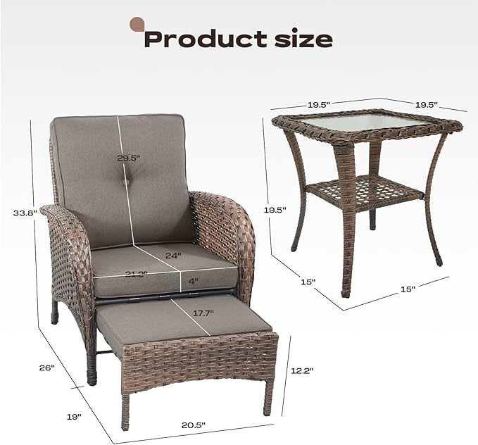 Rilyson Wicker Patio Furniture Set - 5 Piece Balcony Furniture Set with Hidden Ottomans, Rattan Outdoor Patio Chairs with Side Table for Porch Deck Poolside Garden Brown/Grey