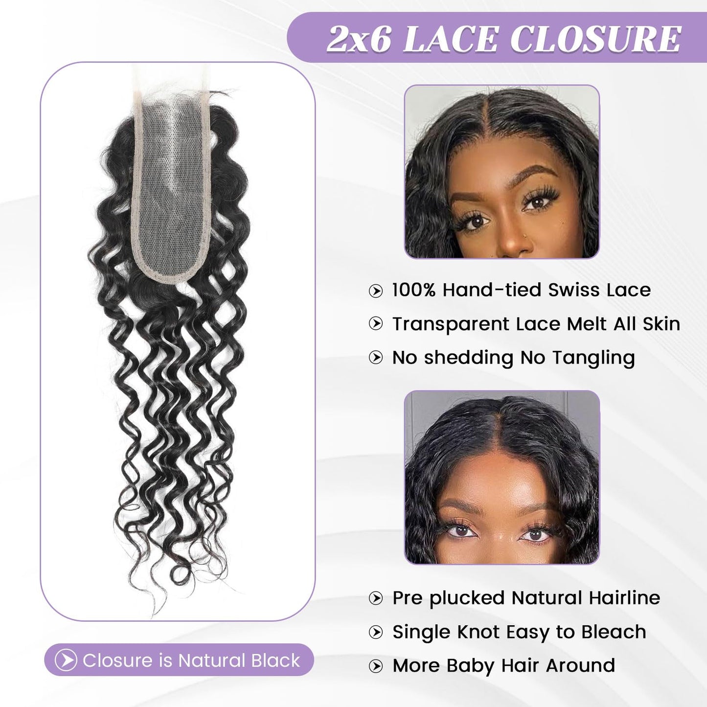 DSEKCAIN 2x6 HD Lace Closure Water Wave Human Hair Transparent Water Wave Lace Closure 2x6 Long Middle Part 100% Raw Virgin Huma