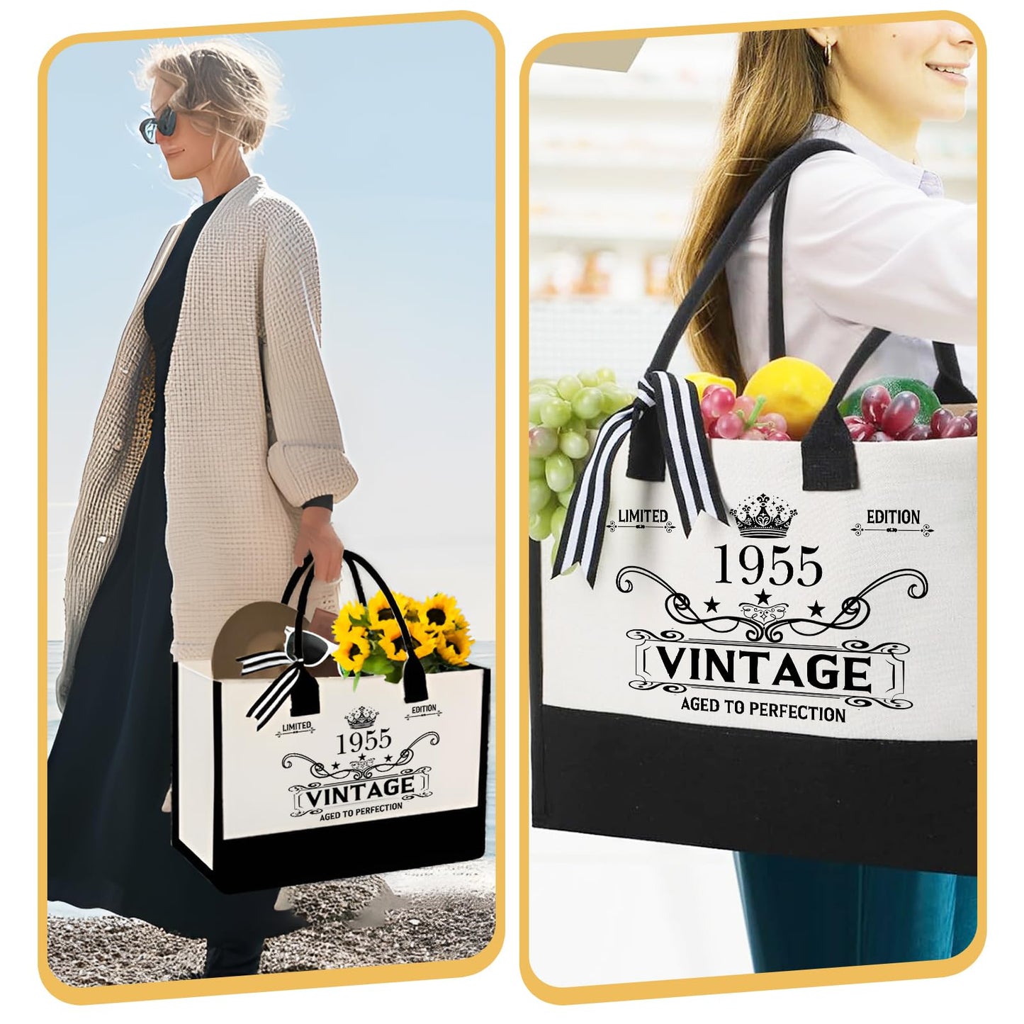 GemsLives 70th Birthday Gift for Women Canvas Tote Bag - Personalized 70 Years Old Gifts for Women/Mom/Aunt/Friends/Wife/Sister,Vintage 1955 Canvas Tote Bag+Cosmetic Bag & Back in 1955 Poster