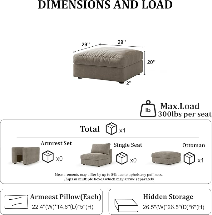 Cloud Modular Sectional Sofa Couch with Storage Ottoman, Oversized Sectional Couches for Living Room, Single Ottoman, Chenille, Light Gray